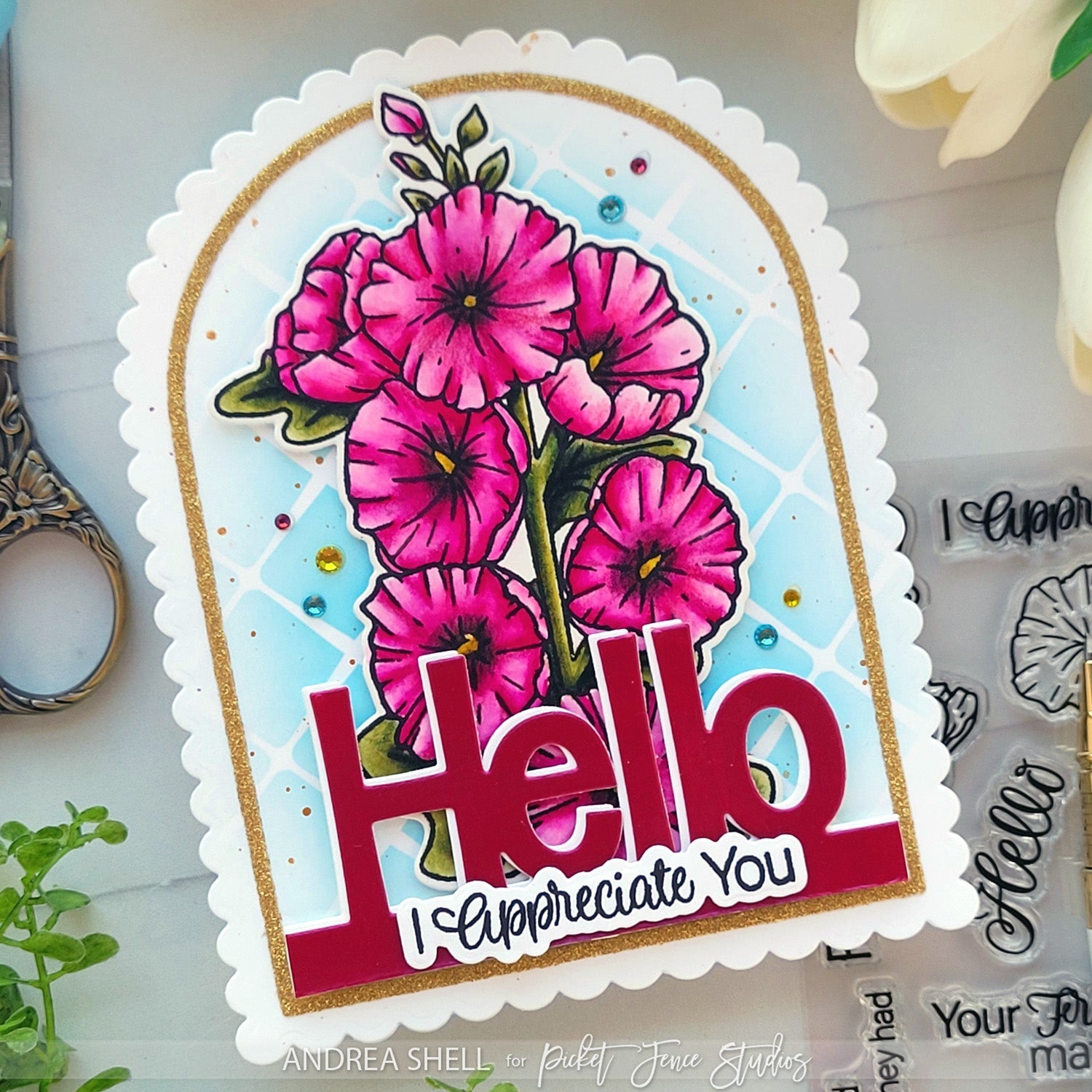 Hollyhock Hello and a Shaped Card