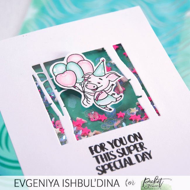 Birthday card featuring When Birthday Pigs Fly stamp - Picket Fence Studios