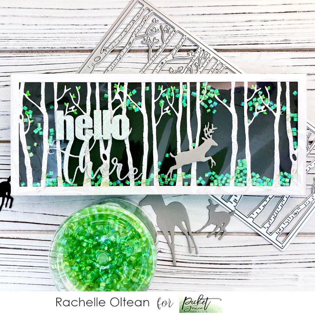 "Into The Woods" Slim Line Shaker Card with Rachelle - Picket Fence Studios
