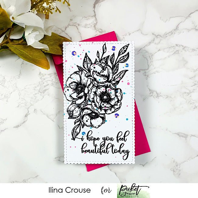Mini Slim Line Card with Watercolor Roses - Picket Fence Studios