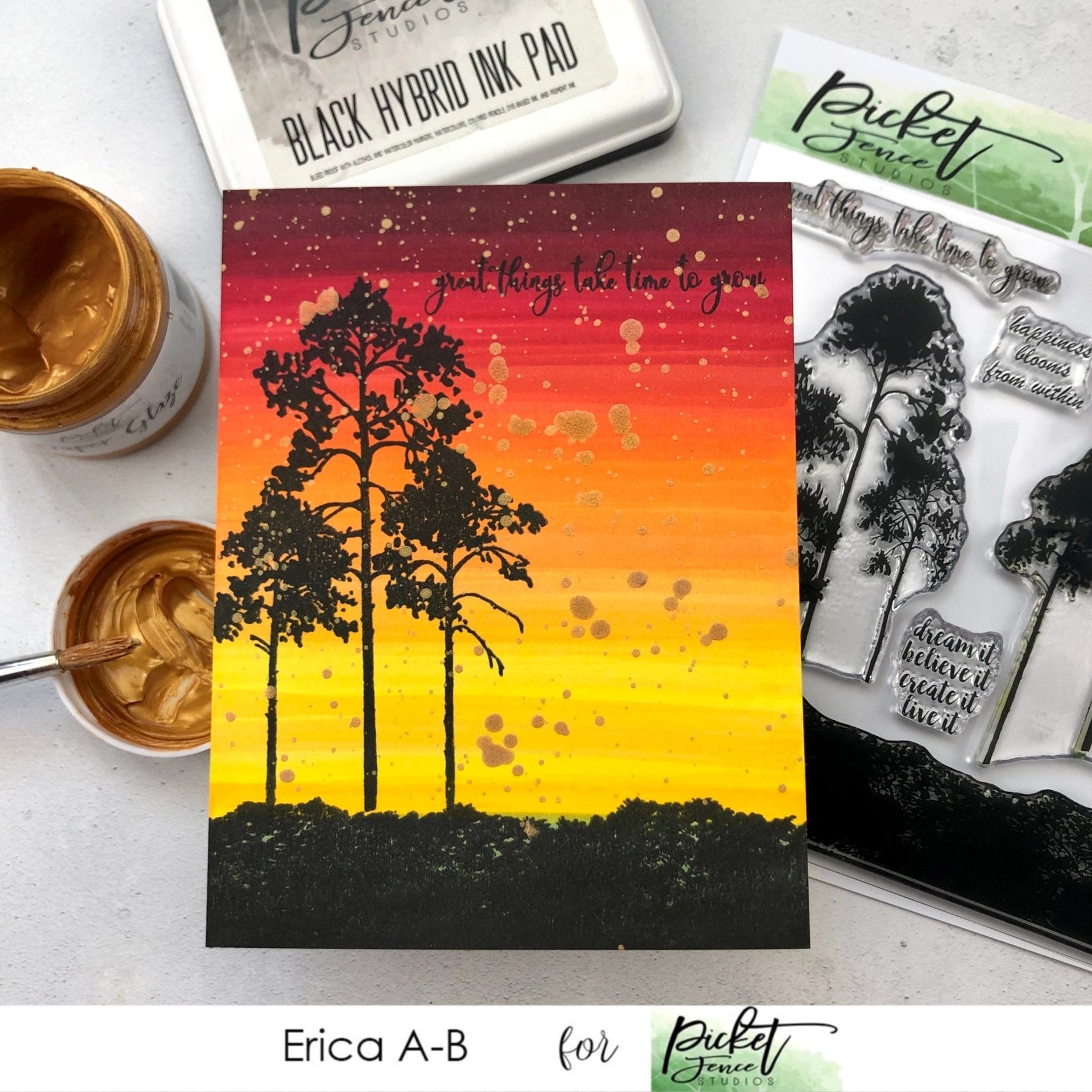 Quick WaterColor Trees And Bushes Sunset Card with Erica - Picket Fence Studios