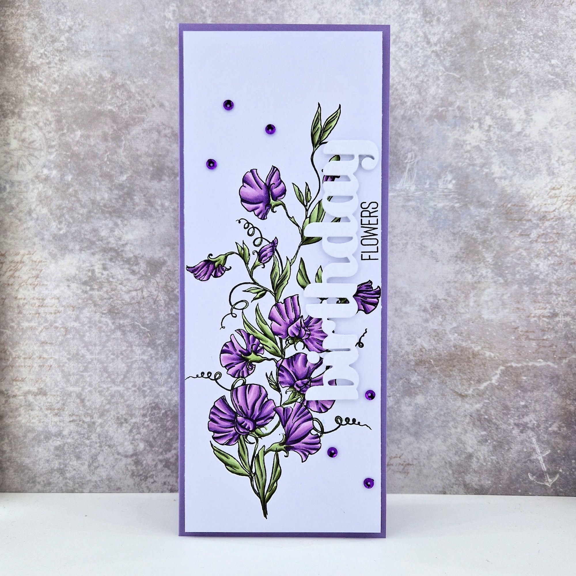 Royal Sweetpeas slim line card - Picket Fence Studios