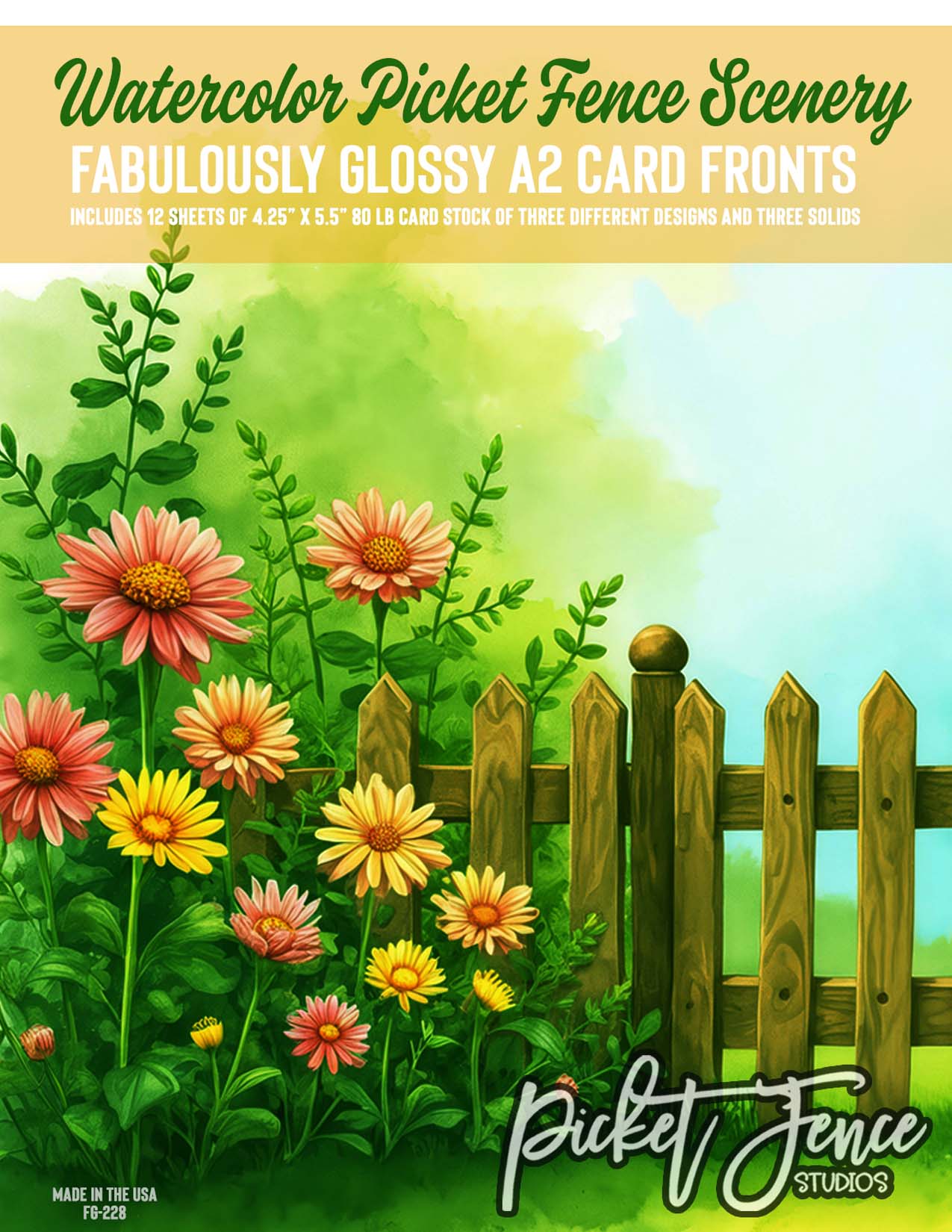 Fabulously A2 Glossy Card Fronts: Watercolor Picket Fence Scenery (A2)